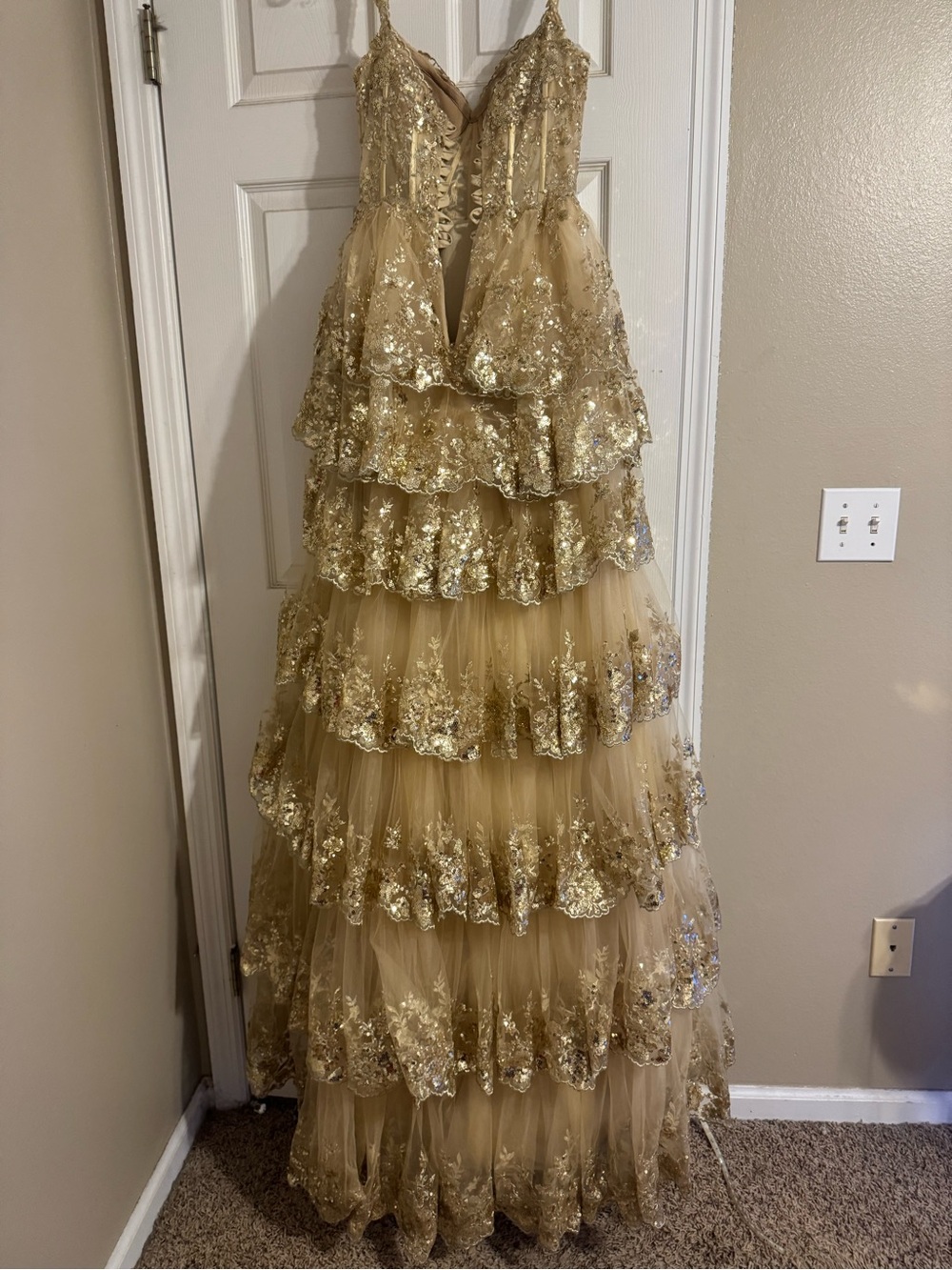 Sherri Hill Champagne Sequin Evening Gown - Picture 3 of 7